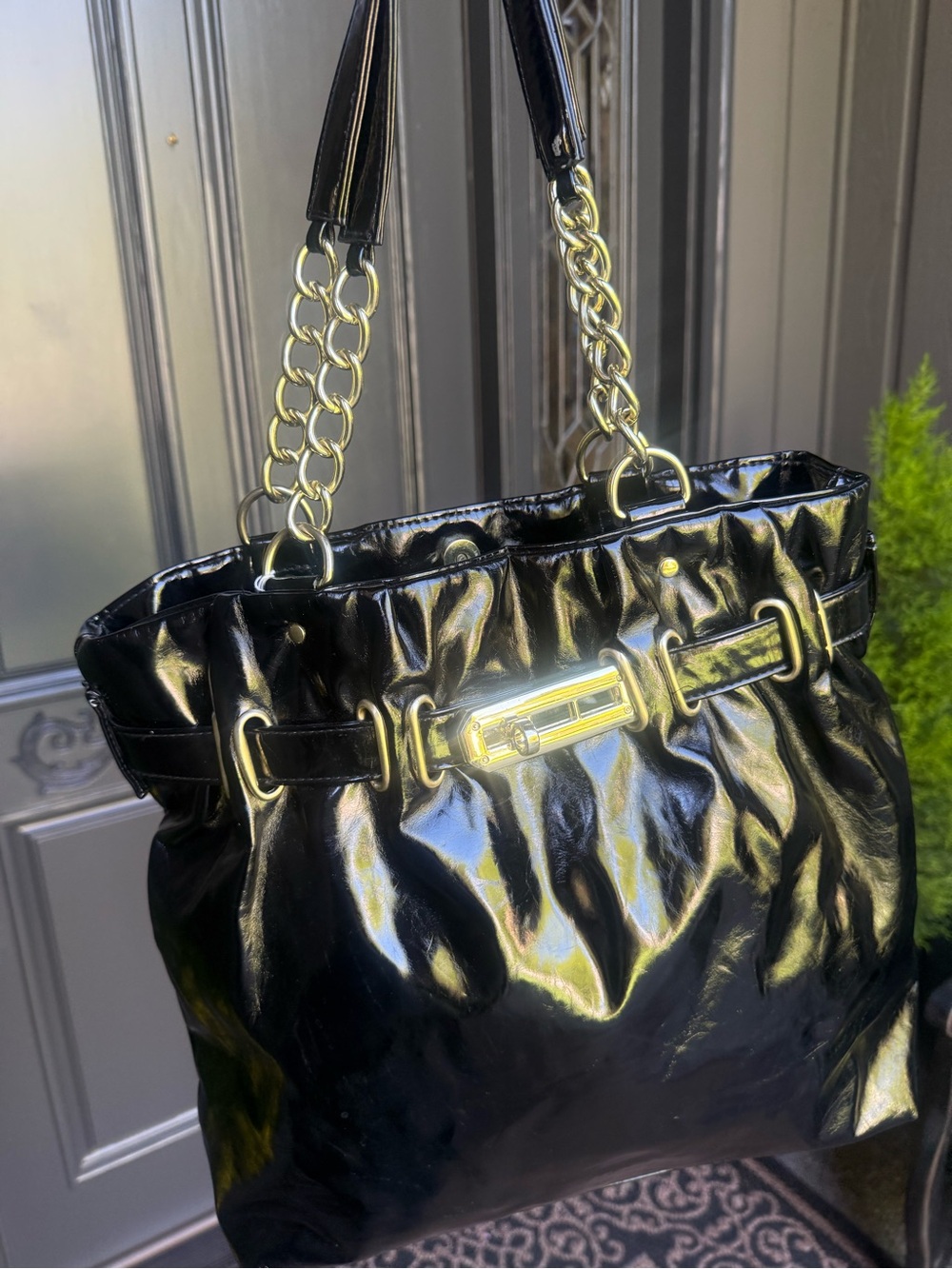 Black Patent Tote Bag with Gold Hardware by Bueno